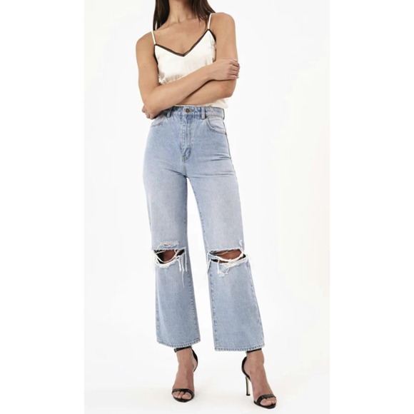 NWT Rollas Heidi Ankle Old Stone Jeans Blue Denim Distressed High Rise Size 30 - Picture 1 of 16